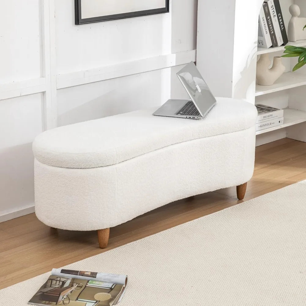 48" Storage Ottoman Bench, Upholstered Oval Entryway Bench with 4 Solid Wood Legs, Flip-Top Teddy Fabric Footrest for Bedroom