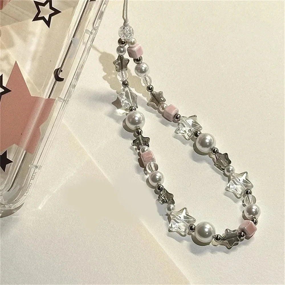 INS Korean Cute Star Charm Acrylic Imitation Pearl Beaded Phone Chain Sweet Accessories Gift Bracelet Unisex For Girl Jewelry