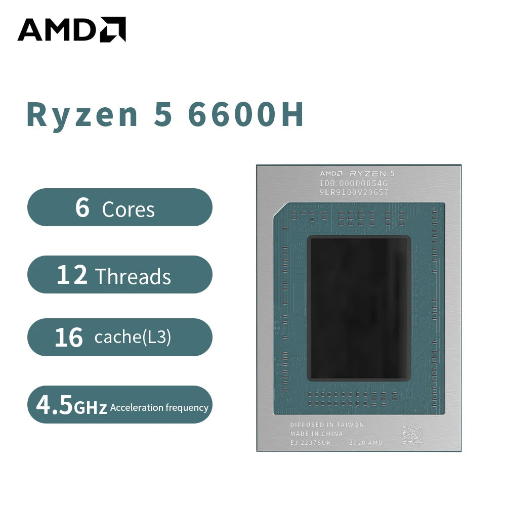 AMD R5 6600H Laptop CPU Ryzen 5 6600H Processor 4.5GHz 6-Core 12-Thread 3MB Game Cache 6NM TDP 45W FP7 Gaming CPU 100-000000546