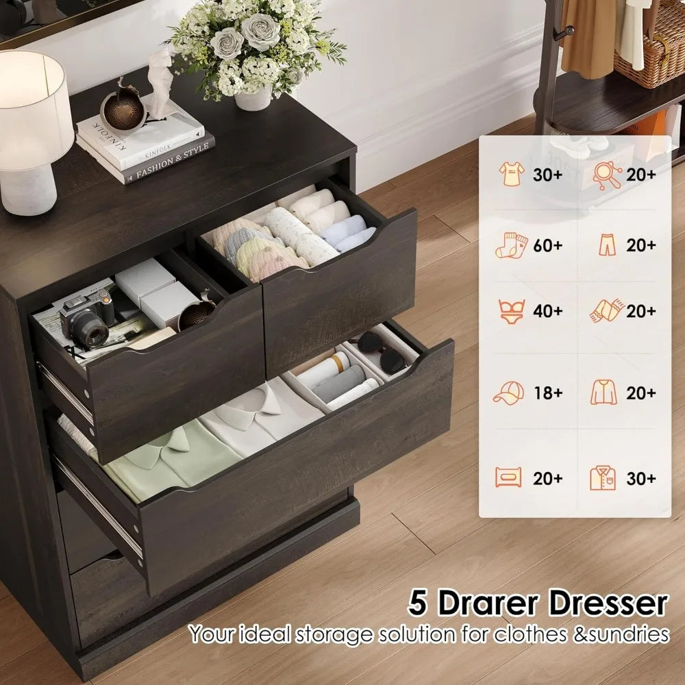 modern 5 drawer dresser for bedroom, chest of drawers with storage, wood storage chest organizers with cut-out handles, accent