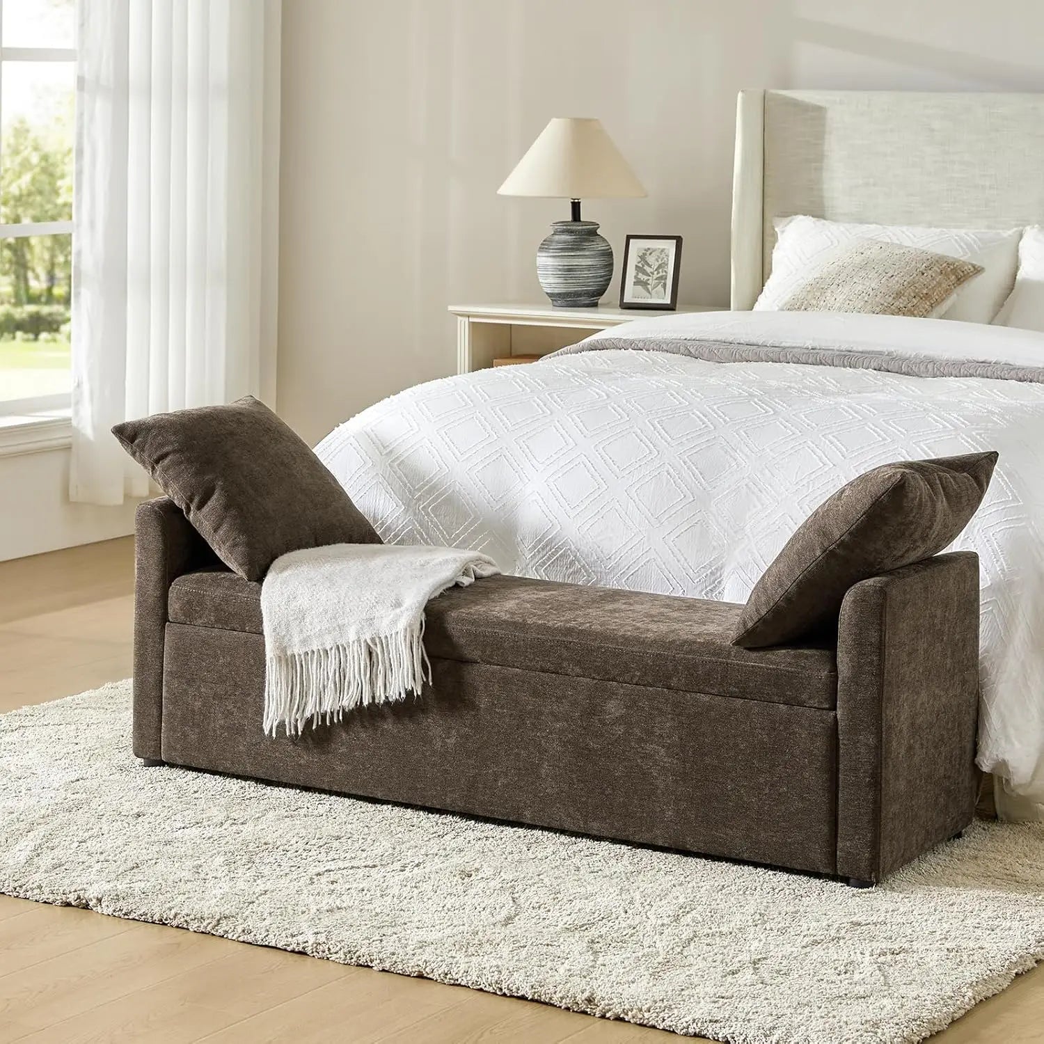 Modern Storage Bench with Throw Pillows, 59.4" Extra Long Bedroom Ottoman Bench for End of Bed, Comfy Upholstered