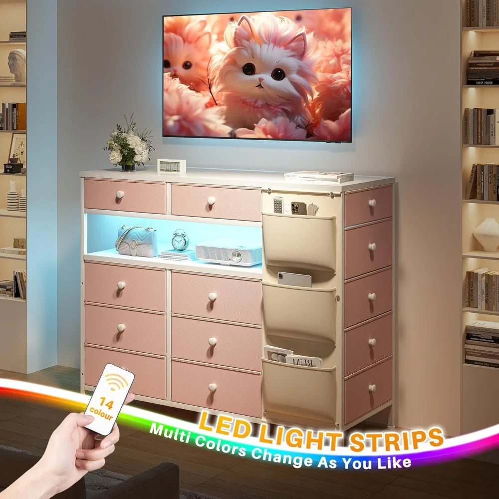 Pink 13 Drawer Dresser for Bedroom with LED Lights and 3 Side Pockets, Closet Island with 2 Open Shelves, Dressers & Chests of D