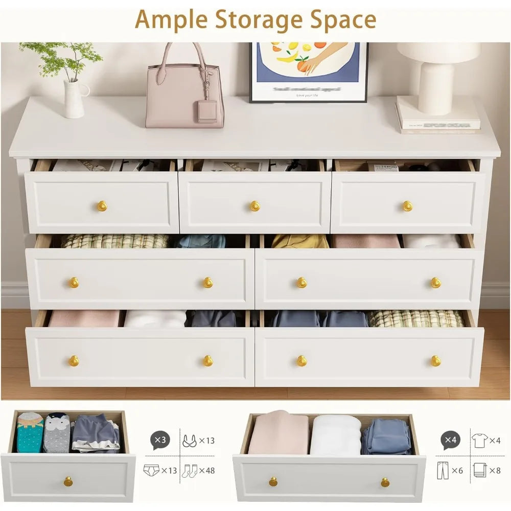 LYNSOM 7 Drawer White Dresser for Bedroom, 55 Wood Dresser with Gold Handles, Wide Modern Chest of Drawers for Hallway, Entryway
