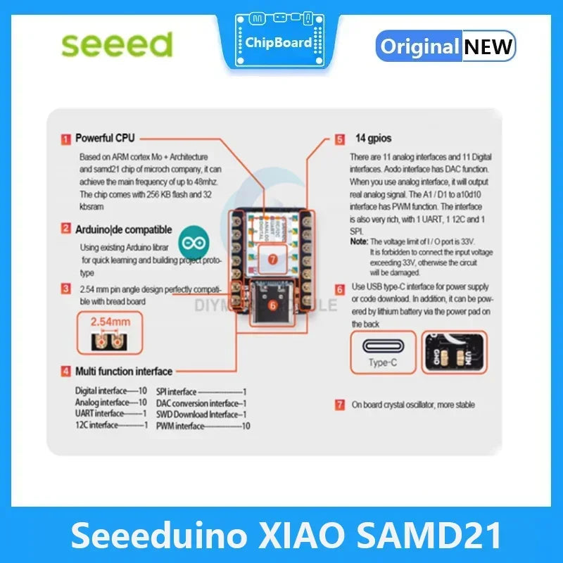 Seeeduino XIAO SAMD21 Cortex M0+ Nano 48MHZ SPI I2C Interface For Arduino IDE/IOT System Development Tool Type-c