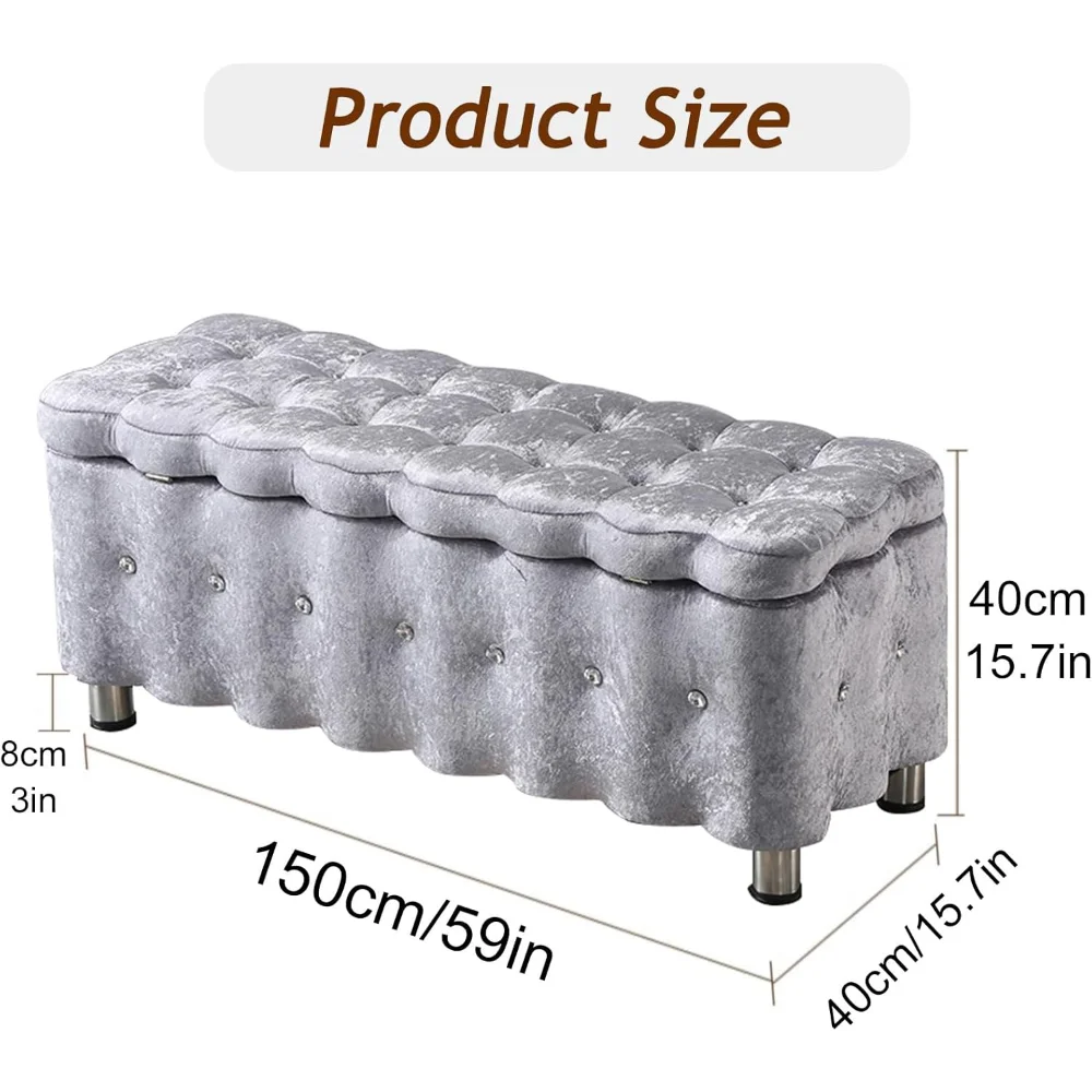 Velvet Tufted Storage Ottoman Bench, Upholstered Large Capacity Entryway Bench with Metal Legs,Modern Comfy End of Bed Benches
