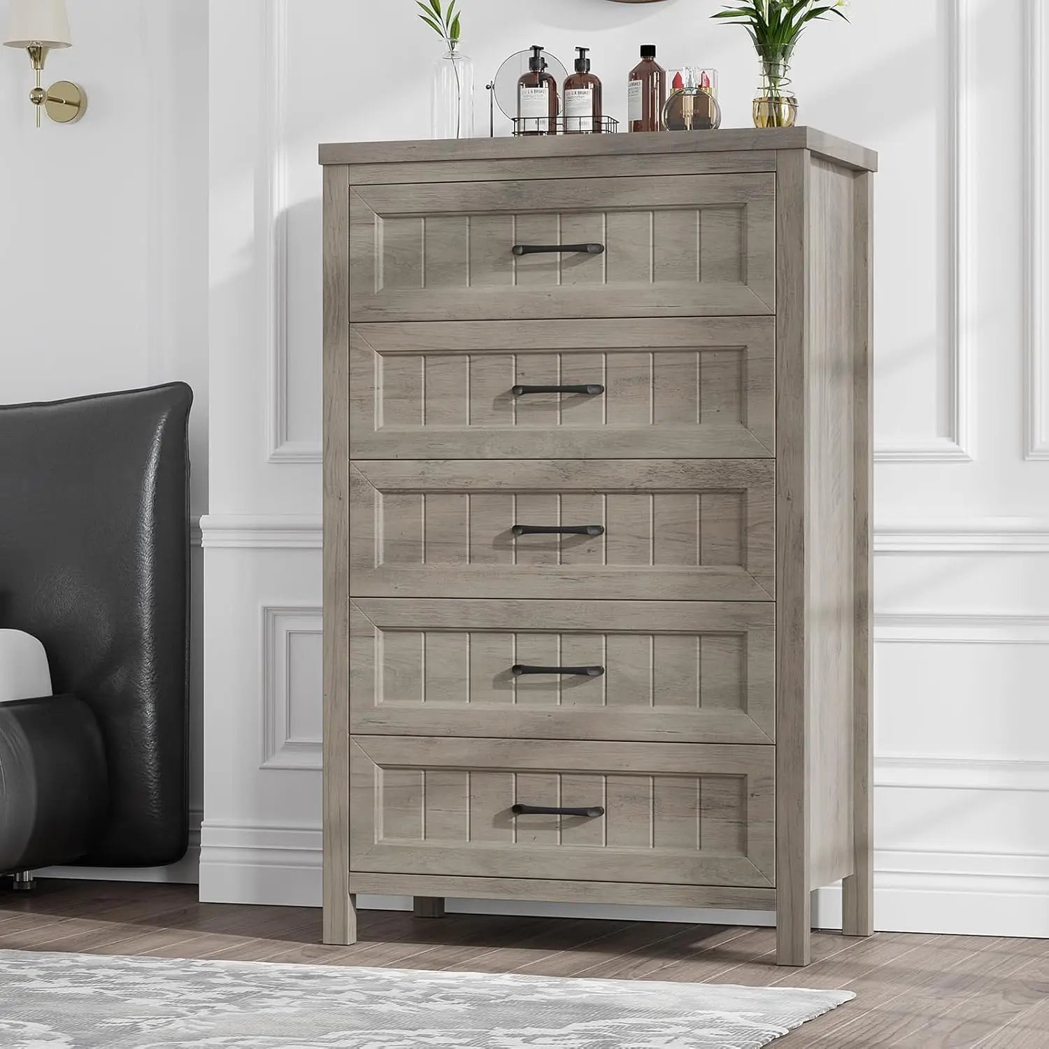 Elegant Gray Farmhouse 5 Drawer Dresser For Bedroom - Tall Chest Of Dresser With Spacious Storage, Solid Wood Construction For
