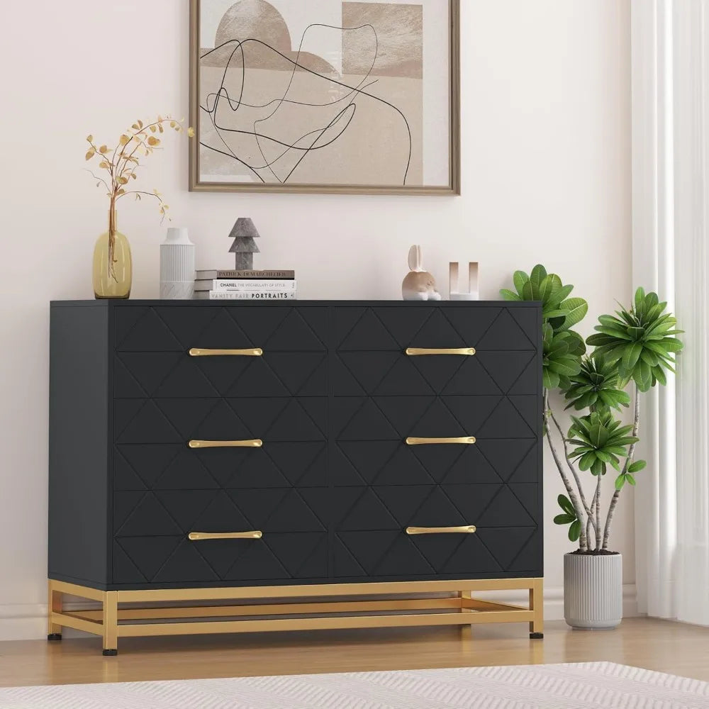 Jojoka 6 Drawer Dresser, Black Wood Dresser for Closet, TV Stand, Morden Chest of Drawers for Bedroom, Living Room, Hallway, Nur
