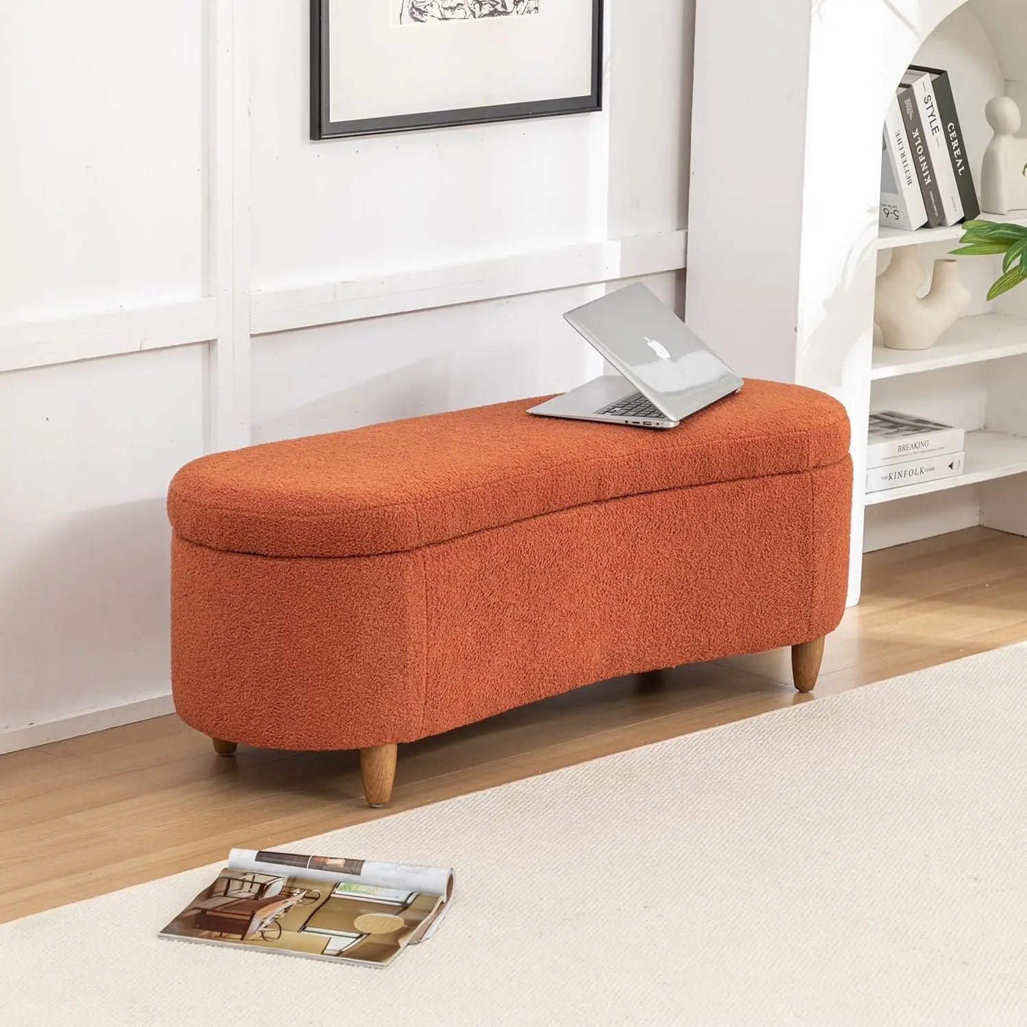 48" Storage Ottoman Bench, Upholstered Oval Entryway Bench with 4 Solid Wood Legs, Flip-Top Teddy Fabric Footrest for Bedroom
