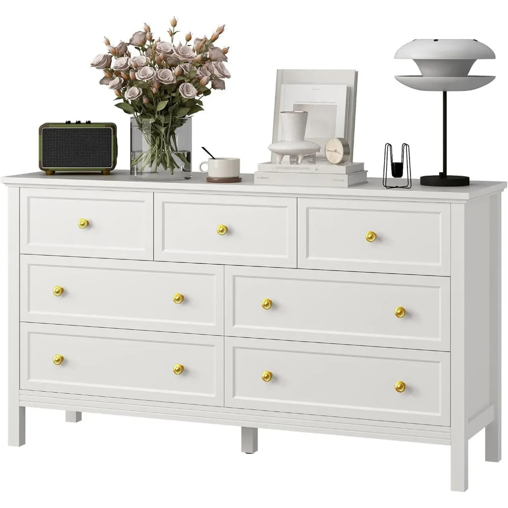 LYNSOM 7 Drawer White Dresser for Bedroom, 55 Wood Dresser with Gold Handles, Wide Modern Chest of Drawers for Hallway, Entryway