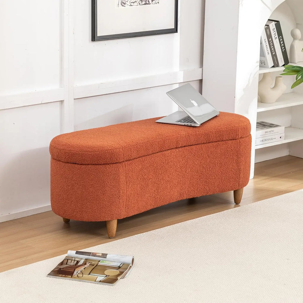 48" Storage Ottoman Bench, Upholstered Oval Entryway Bench with 4 Solid Wood Legs, Flip-Top Teddy Fabric Footrest for Bedroom