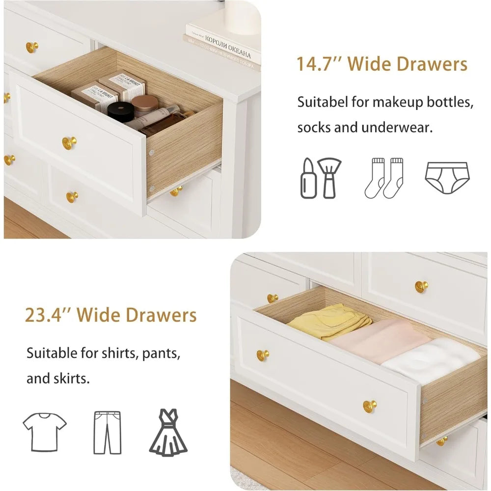 LYNSOM 7 Drawer White Dresser for Bedroom, 55 Wood Dresser with Gold Handles, Wide Modern Chest of Drawers for Hallway, Entryway