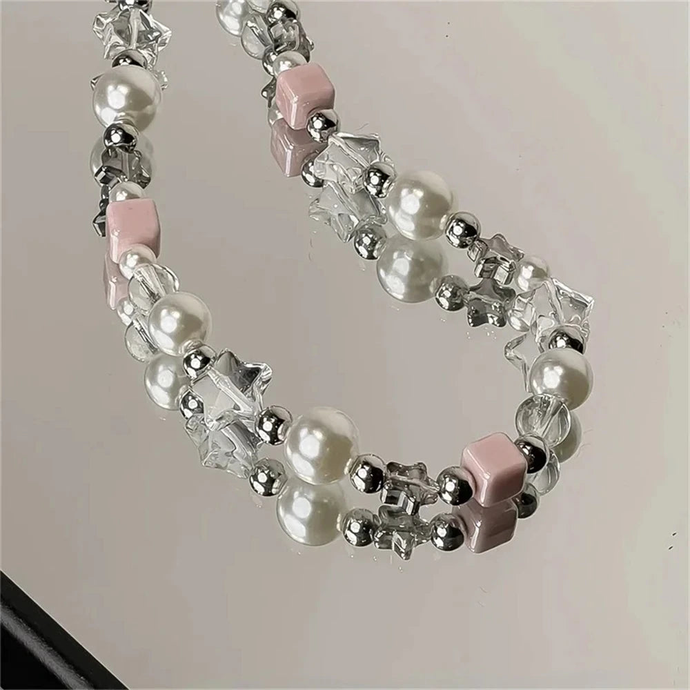 INS Korean Cute Star Charm Acrylic Imitation Pearl Beaded Phone Chain Sweet Accessories Gift Bracelet Unisex For Girl Jewelry