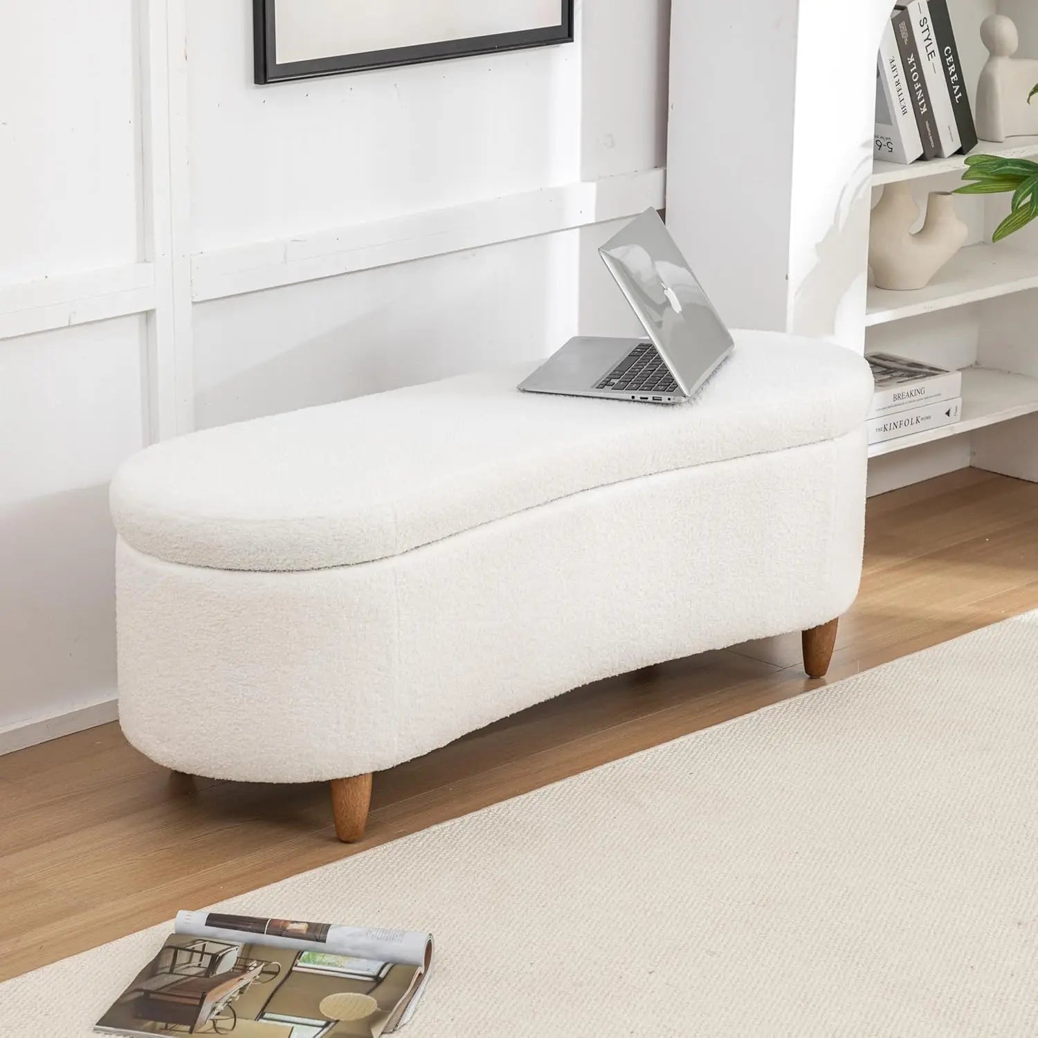 48" Storage Ottoman Bench, Upholstered Oval Entryway Bench with 4 Solid Wood Legs, Flip-Top Teddy Fabric Footrest for Bedroom