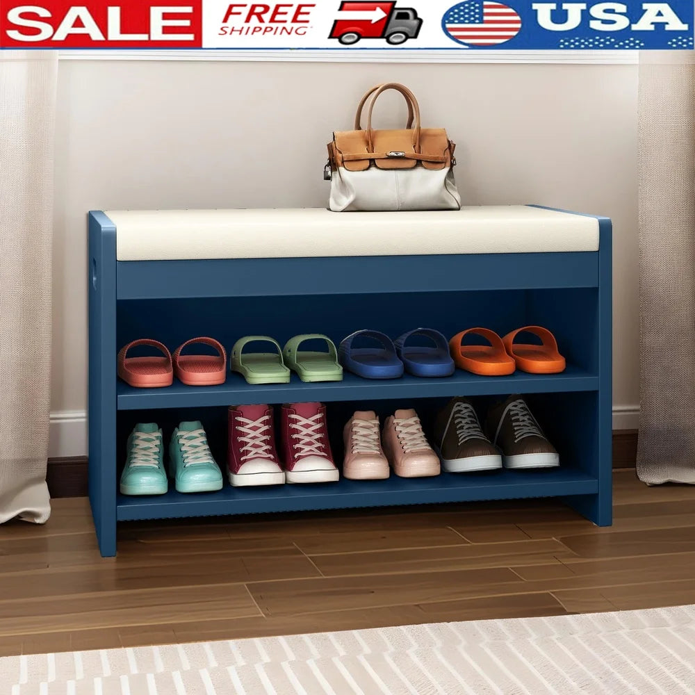 2-Tier Shoe Bench Organizer Entryway Storage Unit Comfortable Cushion Easy Assembly Indoor Use Hallway Mudroom