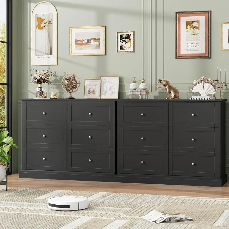 FOTOSOK Black Dresser,6Drawer Dresser Black,Modern Double Chest with Deep Drawers,Wide Storage Organizer Cabinet for Living Room