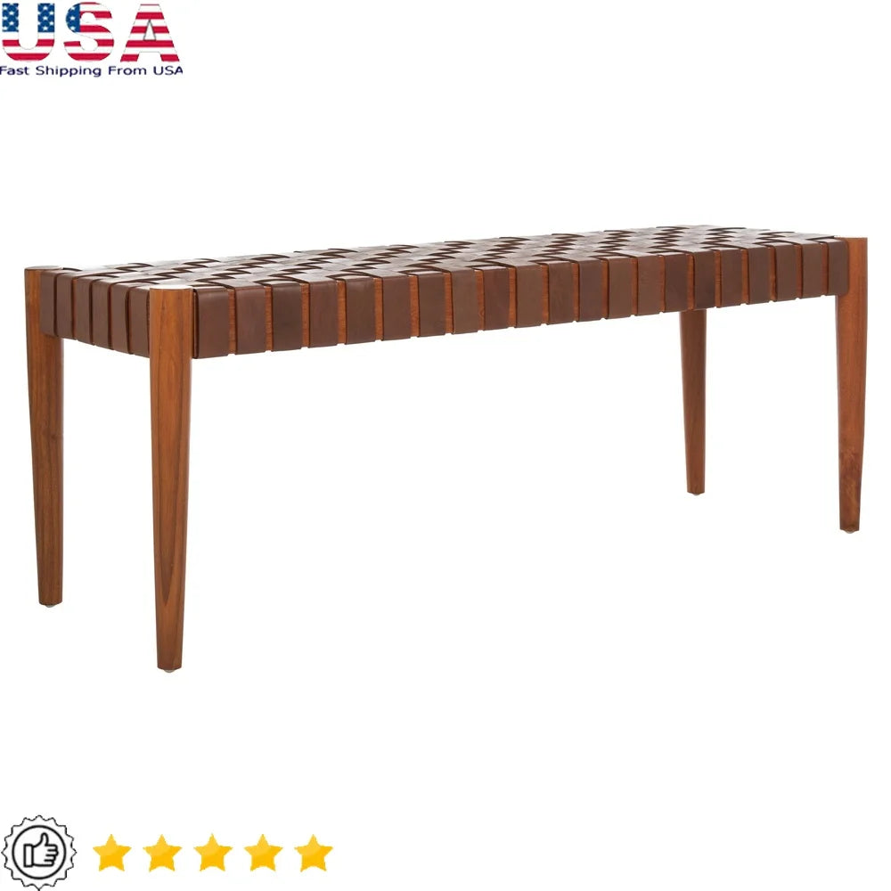 Contemporary Glam Leather Weave Bench Indoor Entryway Bedroom Living Room Durable Mindi Wood Frame Easy Care 550 lbs Weight