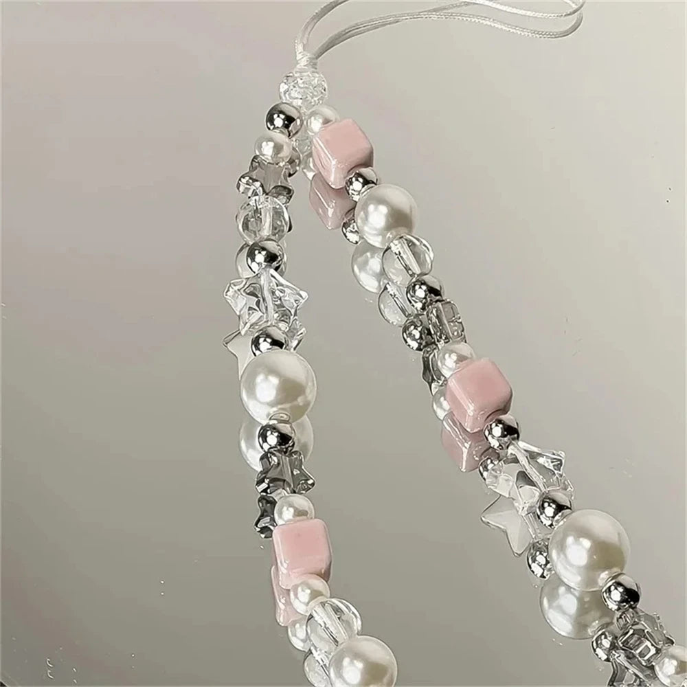 INS Korean Cute Star Charm Acrylic Imitation Pearl Beaded Phone Chain Sweet Accessories Gift Bracelet Unisex For Girl Jewelry