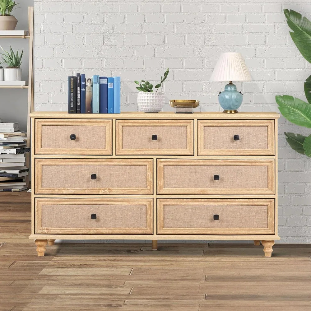 7 Drawer Dresser for Bedroom, Mid Century Modern Wide Wood Rustic Chest of Drawers Wooden Storage Organizer Dressers