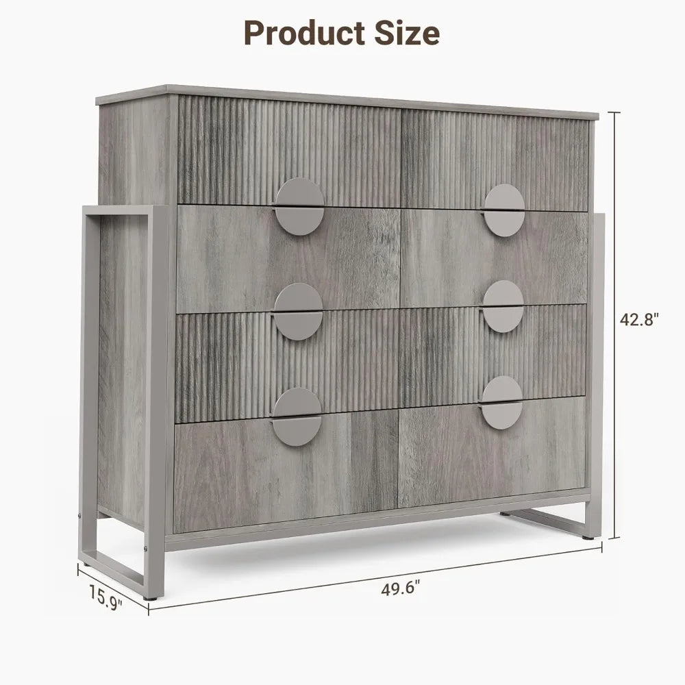 LGHM Fluted Gray Dresser for Bedroom, Modern 50 Wide Chest of Drawers, 8 Deep Drawers 42.8 Tall Dresser with Raised H Legs -Curv