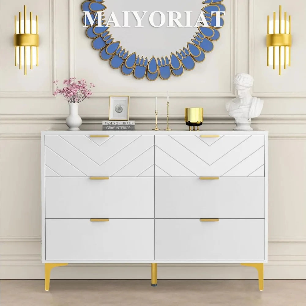 6 Drawers Dresser for Bedroom, Modern White Chest of Drawers Storage Chest Double Dresser Horizontal Dressers for Bedroom, Livin