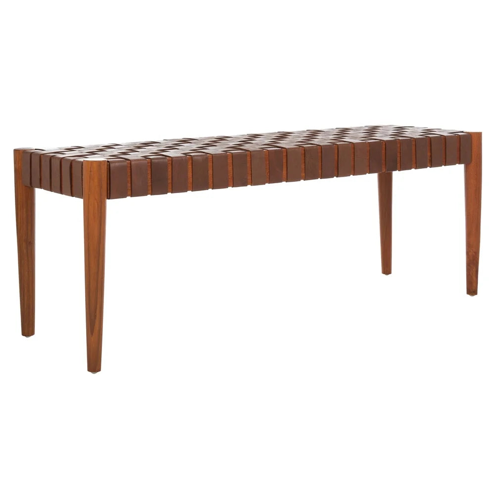 Contemporary Glam Leather Weave Bench Indoor Entryway Bedroom Living Room Durable Mindi Wood Frame Easy Care 550 lbs Weight