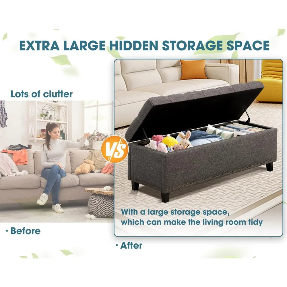 51" Ottoman Storage Benches, 30 Gallons End of Bed Storage Bench, Large Rectangular Ottoman, Button-Tufted Ottoman with Storage