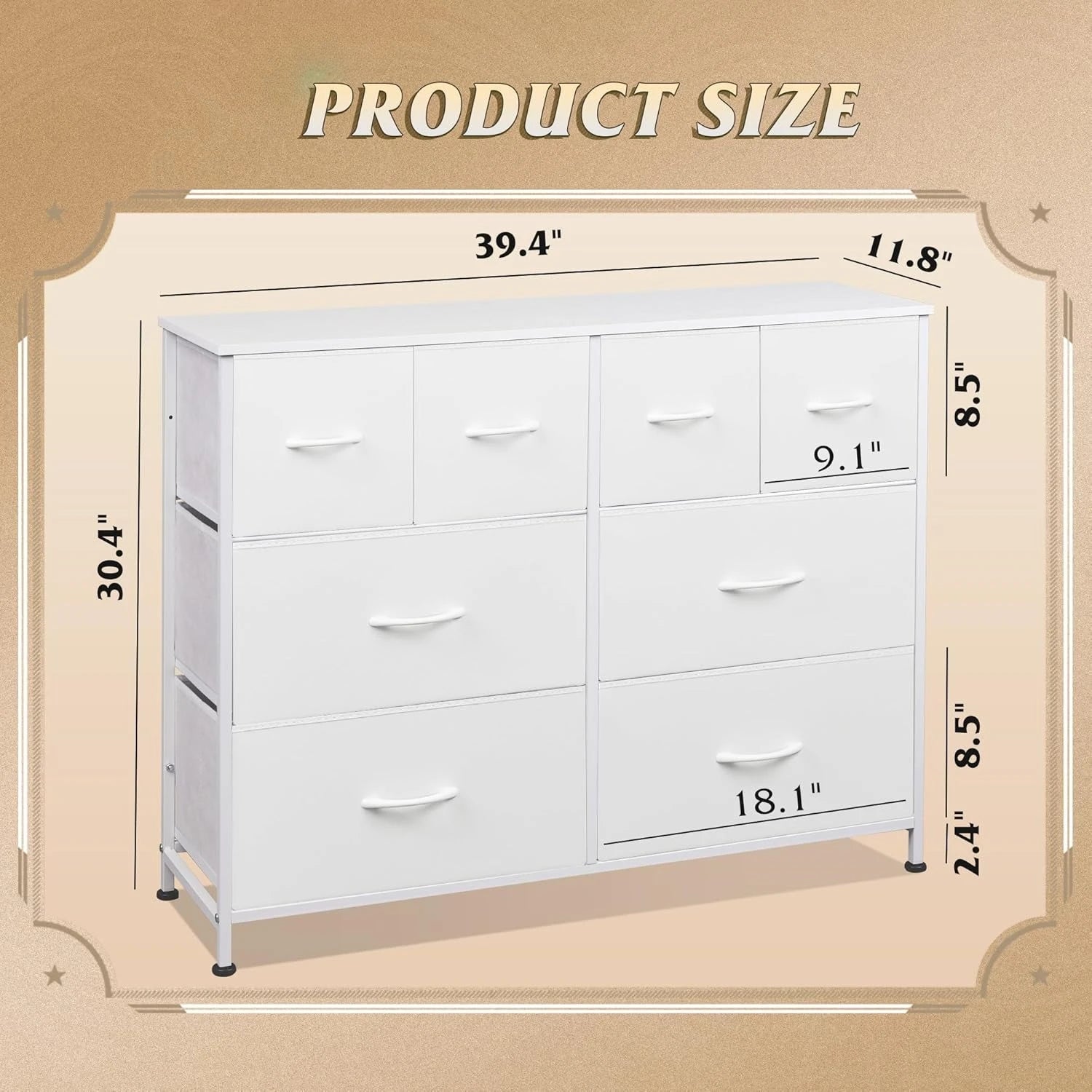 Dresser for Bedroom with 8 Drawers, Wide Fabric Dresser for Storage and Organization, Bedroom Dressers, Chest of Drawers, White