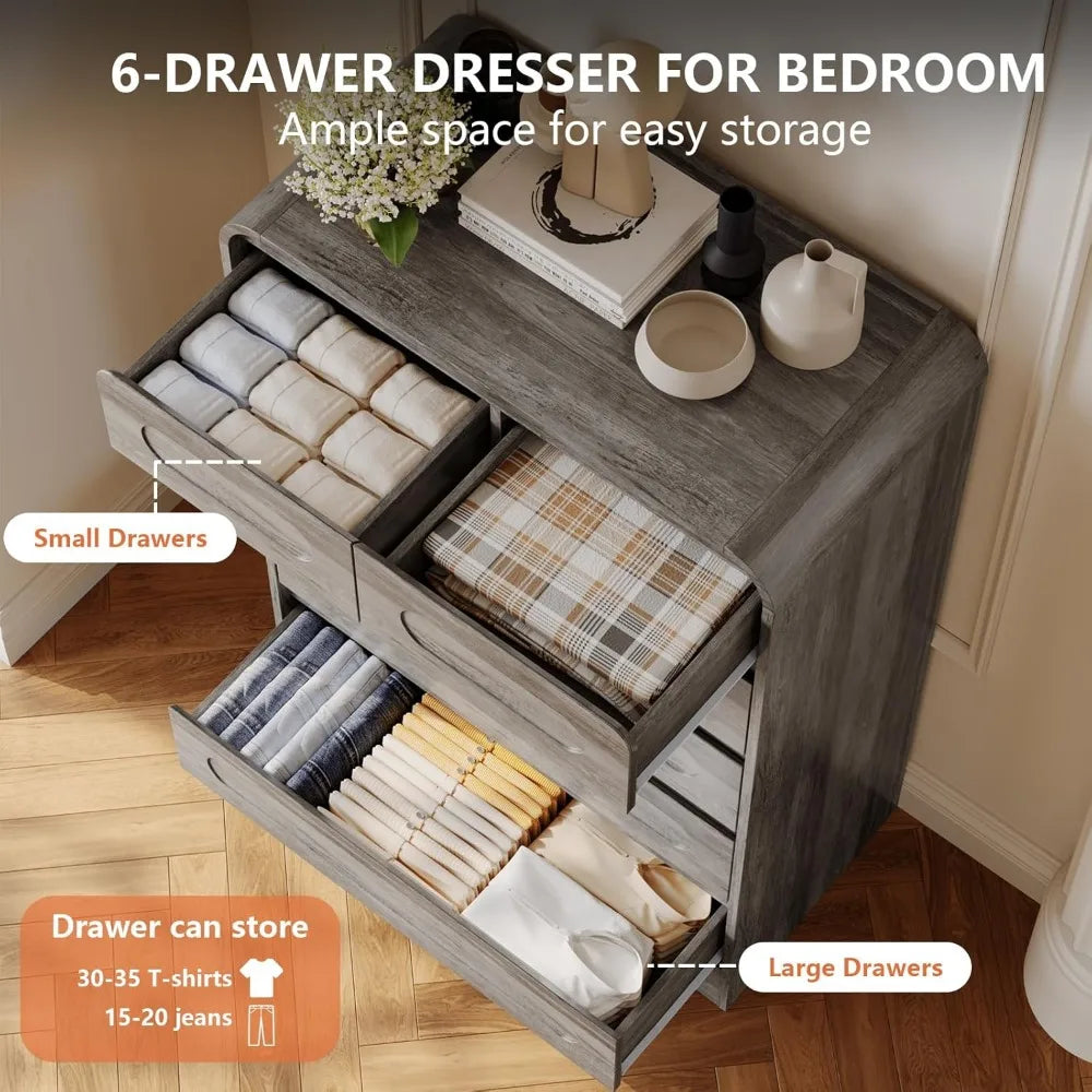Grey Dresser for Bedroom with 6 Drawers, Tall Dressers & Chest of Drawers with Curved Profile Design, Farmhouse Wood Closet Clot