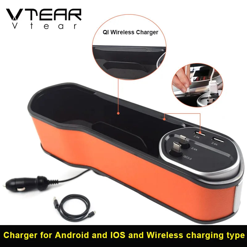 Vtear Car Organizer With Charger Cable USB Wireless Charging Universal Storage Box Auto Phone Holder Interior Accessories Parts