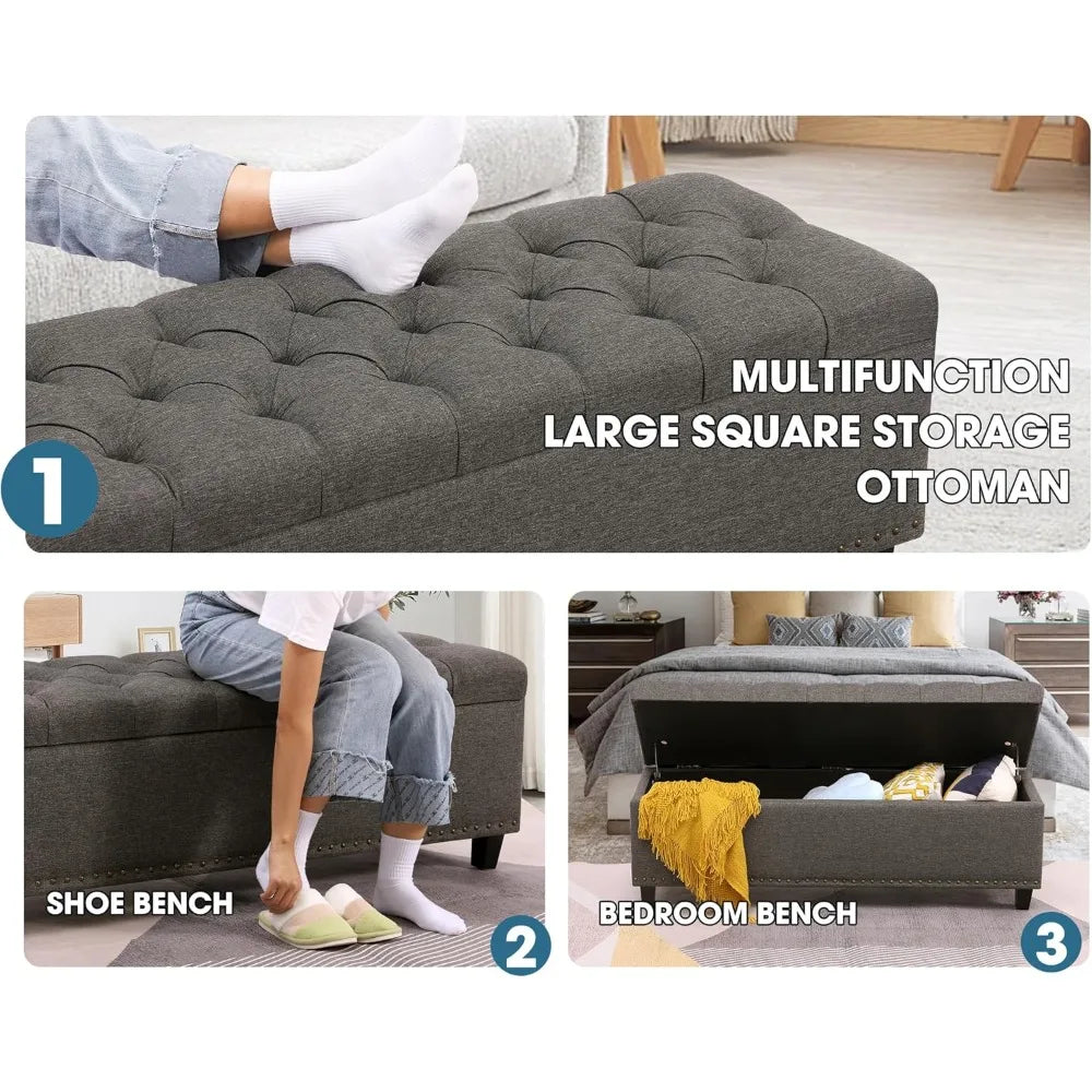 51" Ottoman Storage Benches, 30 Gallons End of Bed Storage Bench, Large Rectangular Ottoman, Button-Tufted Ottoman with Storage