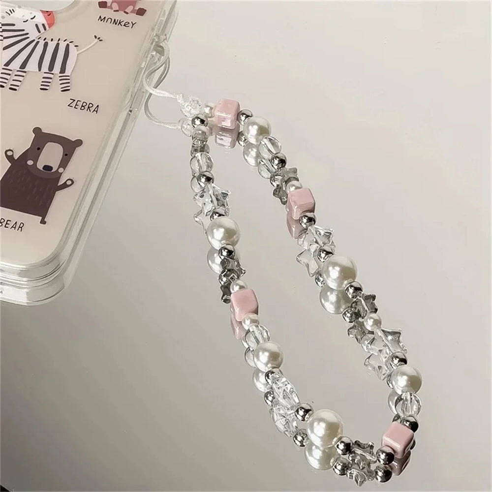 INS Korean Cute Star Charm Acrylic Imitation Pearl Beaded Phone Chain Sweet Accessories Gift Bracelet Unisex For Girl Jewelry