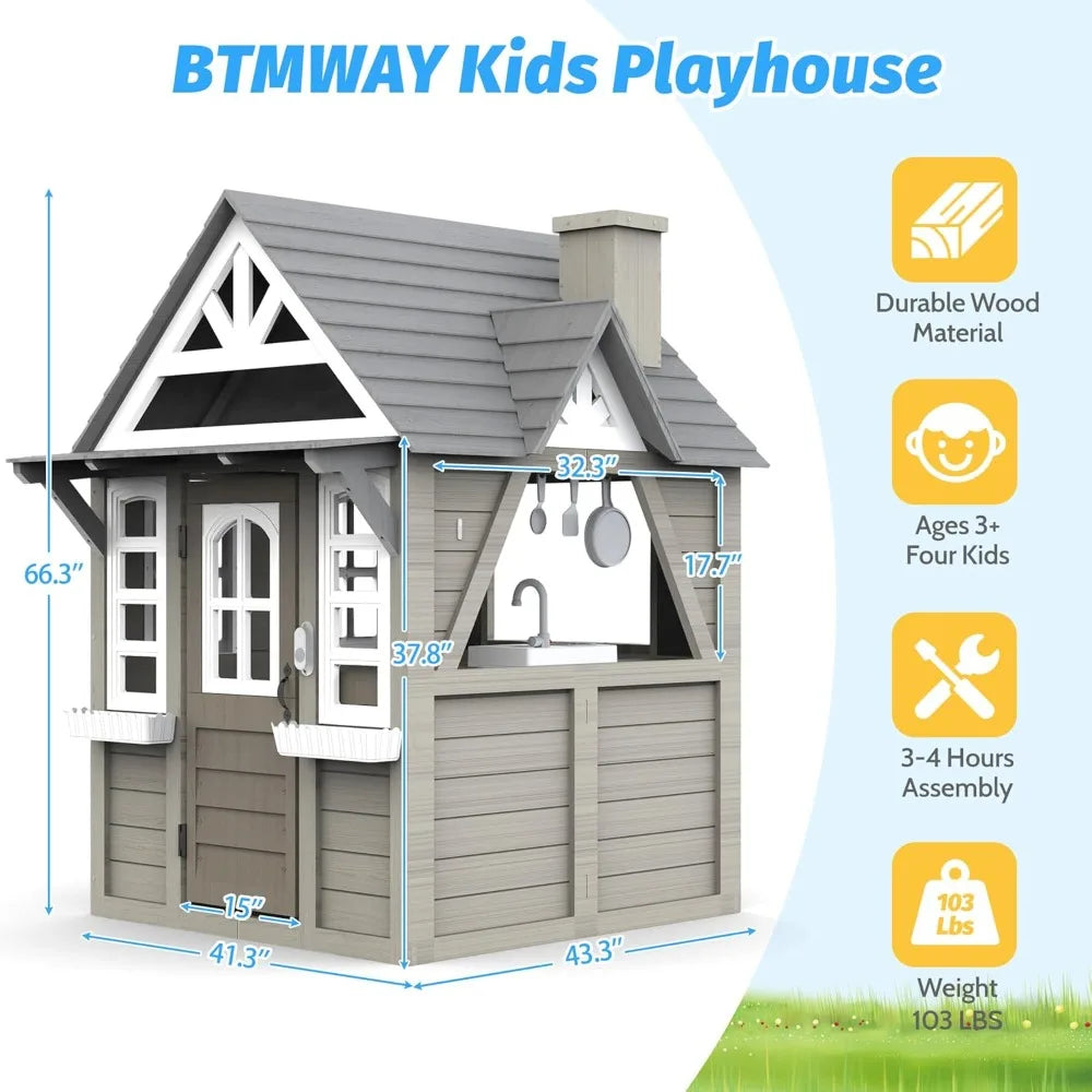 Kids Outdoor Playhouse,Cedar Gray Wooden Play House for Kids Ages 3-8, with Play Kitchen, Interactive Doorbell, Toy Phone, Sink,