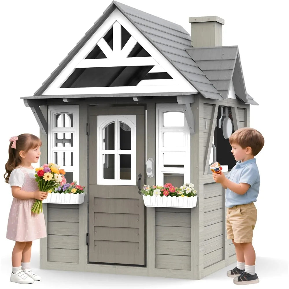 Kids Outdoor Playhouse,Cedar Gray Wooden Play House for Kids Ages 3-8, with Play Kitchen, Interactive Doorbell, Toy Phone, Sink,