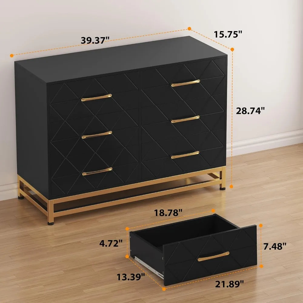 Jojoka 6 Drawer Dresser, Black Wood Dresser for Closet, TV Stand, Morden Chest of Drawers for Bedroom, Living Room, Hallway, Nur