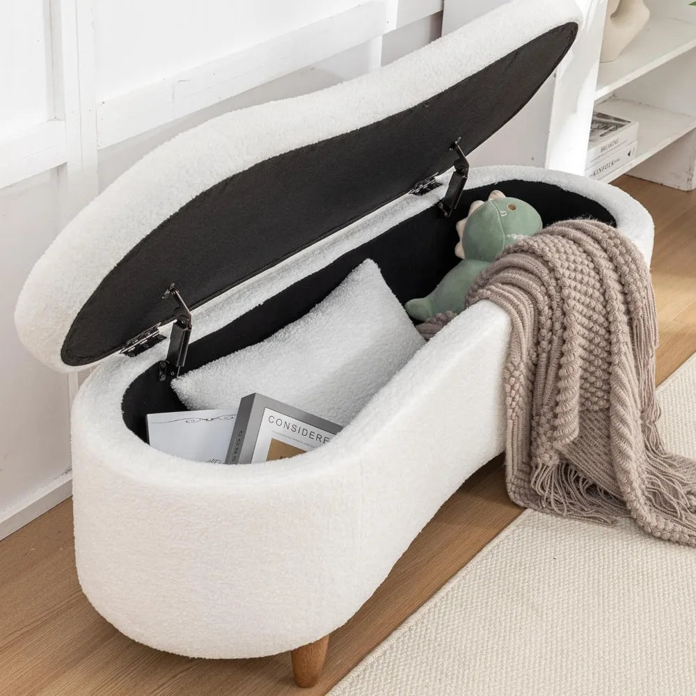 48" Storage Ottoman Bench, Upholstered Oval Entryway Bench with 4 Solid Wood Legs, Flip-Top Teddy Fabric Footrest for Bedroom