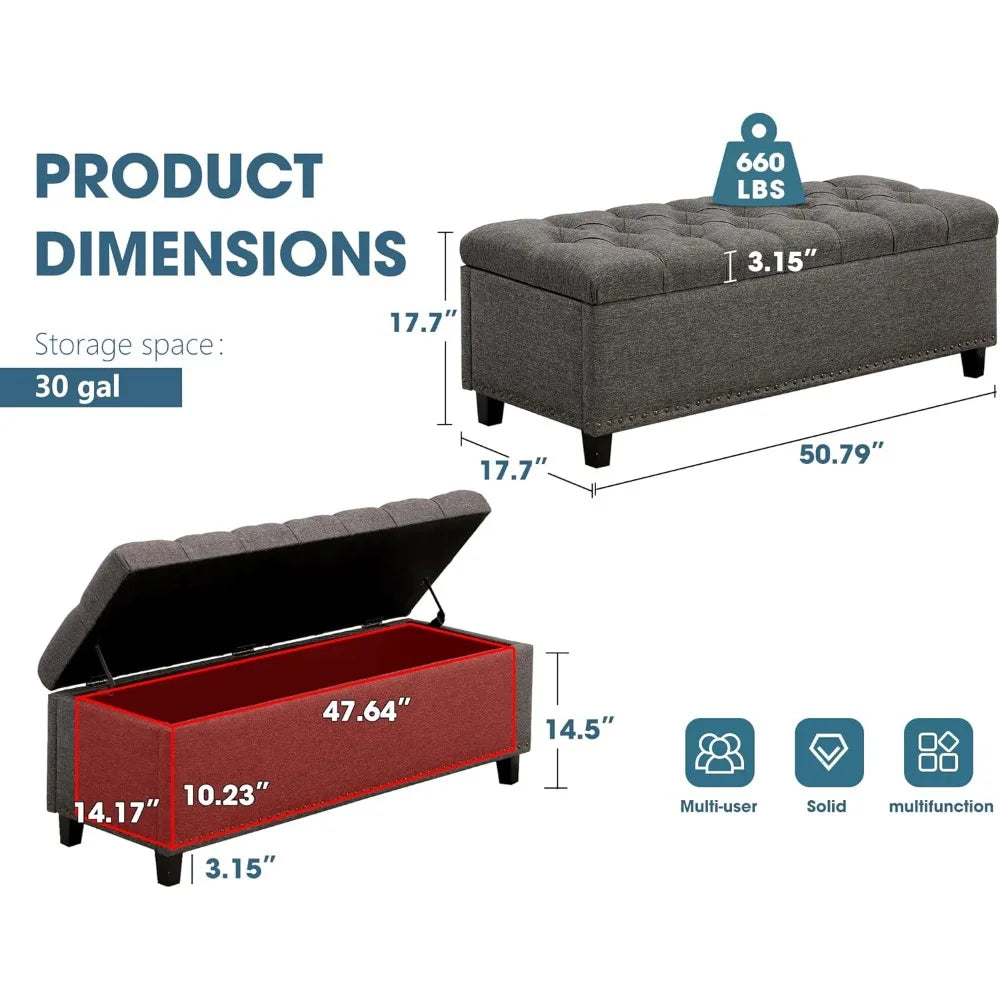 51" Ottoman Storage Benches, 30 Gallons End of Bed Storage Bench, Large Rectangular Ottoman, Button-Tufted Ottoman with Storage