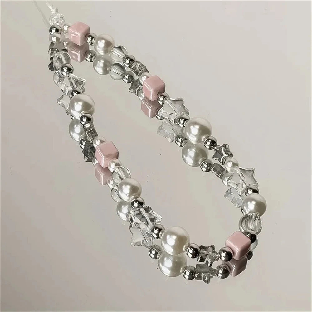 INS Korean Cute Star Charm Acrylic Imitation Pearl Beaded Phone Chain Sweet Accessories Gift Bracelet Unisex For Girl Jewelry