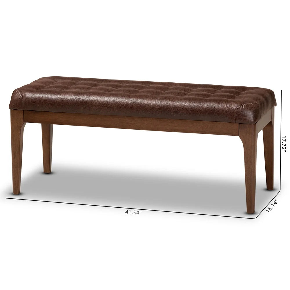 Mid-Century Modern Upholstered Dining Bench Solid Rubberwood Foam Padding Faux Leather Tapered Legs Indoor Assembly Required