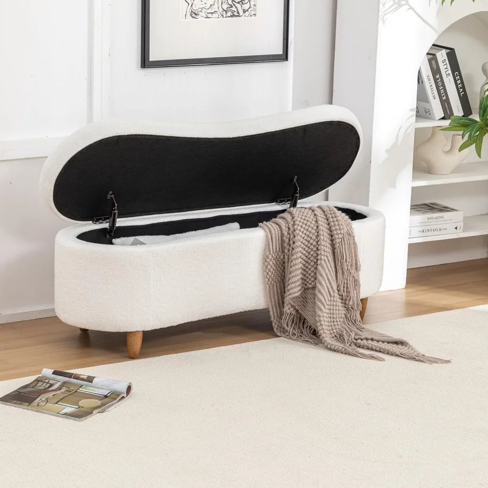 48" Storage Ottoman Bench, Upholstered Oval Entryway Bench with 4 Solid Wood Legs, Flip-Top Teddy Fabric Footrest for Bedroom