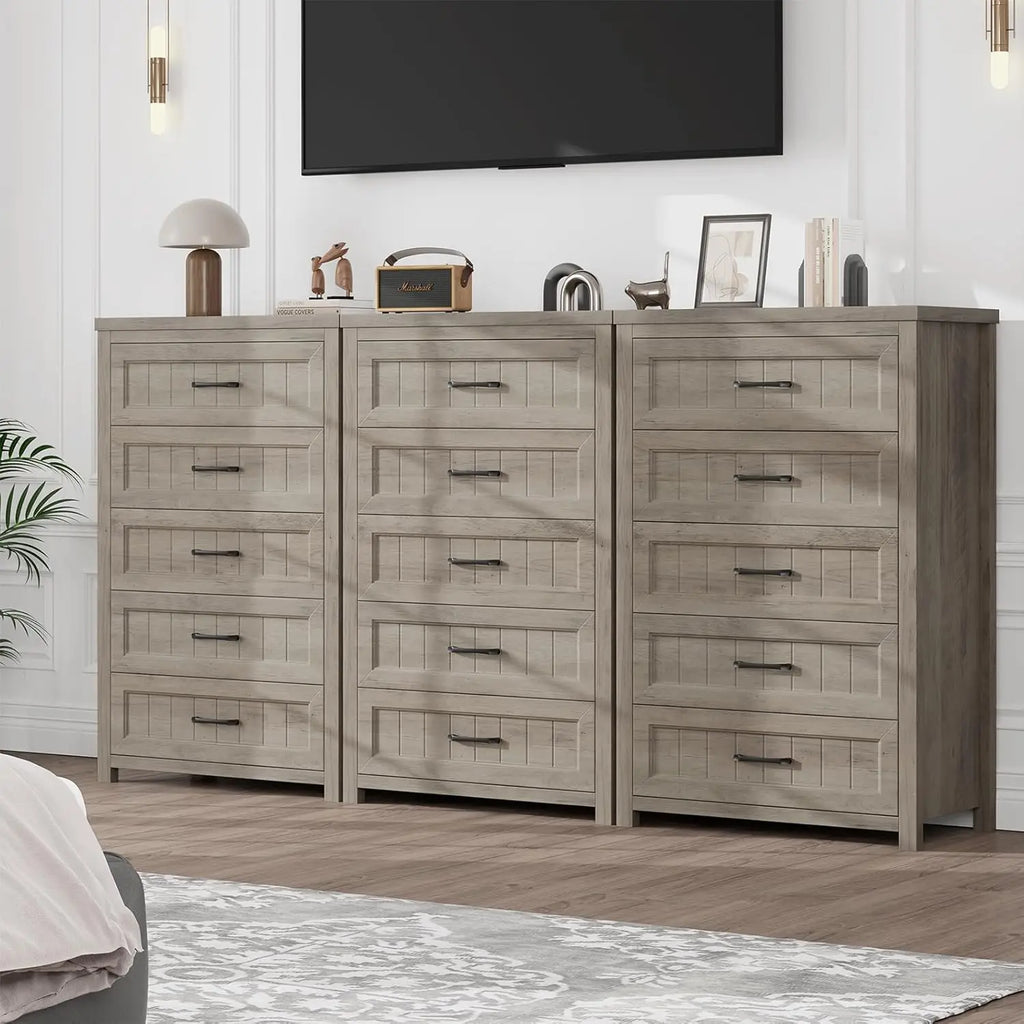 Elegant Gray Farmhouse 5 Drawer Dresser For Bedroom - Tall Chest Of Dresser With Spacious Storage, Solid Wood Construction For