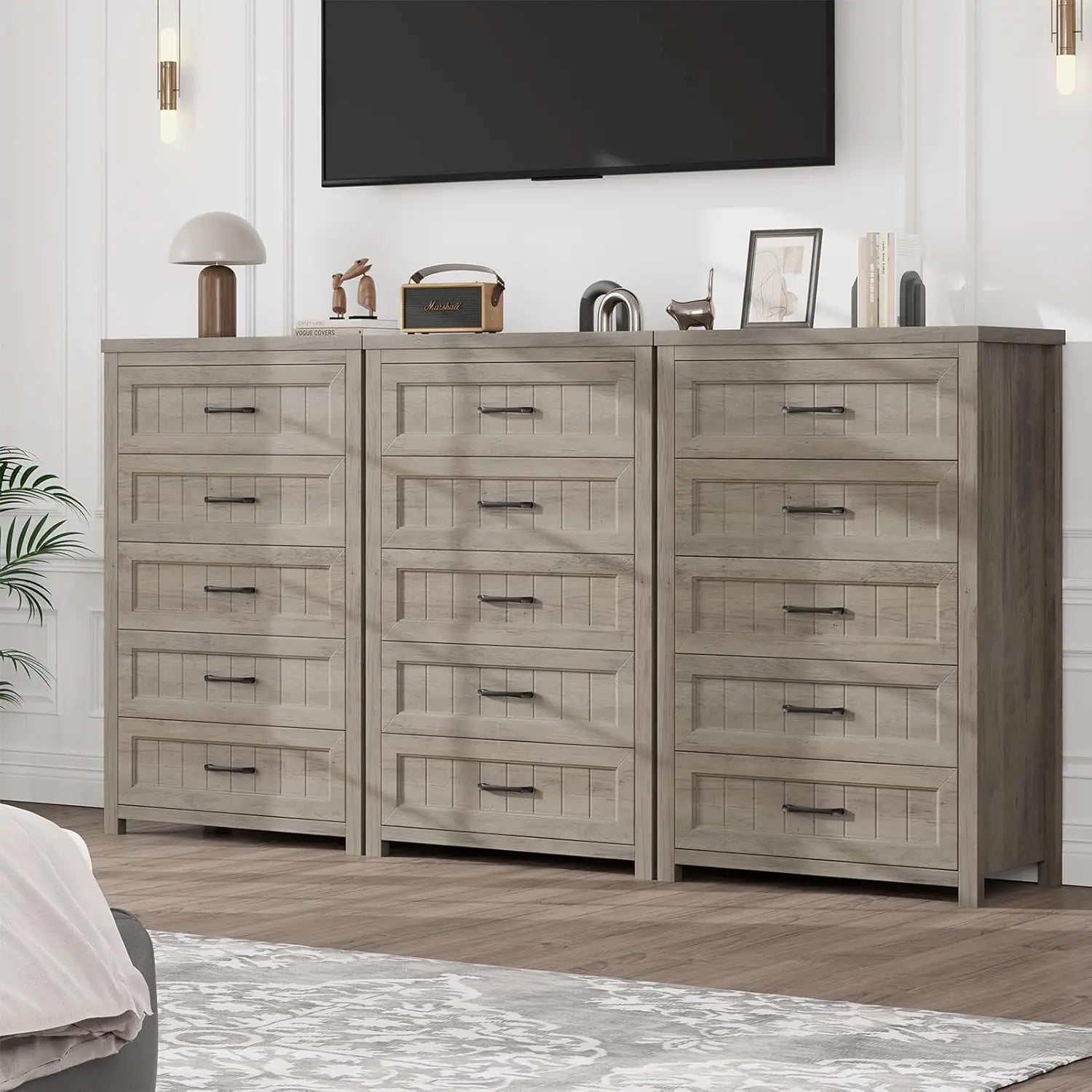 Elegant Gray Farmhouse 5 Drawer Dresser For Bedroom - Tall Chest Of Dresser With Spacious Storage, Solid Wood Construction For