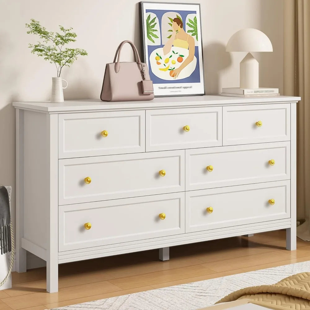 LYNSOM 7 Drawer White Dresser for Bedroom, 55 Wood Dresser with Gold Handles, Wide Modern Chest of Drawers for Hallway, Entryway