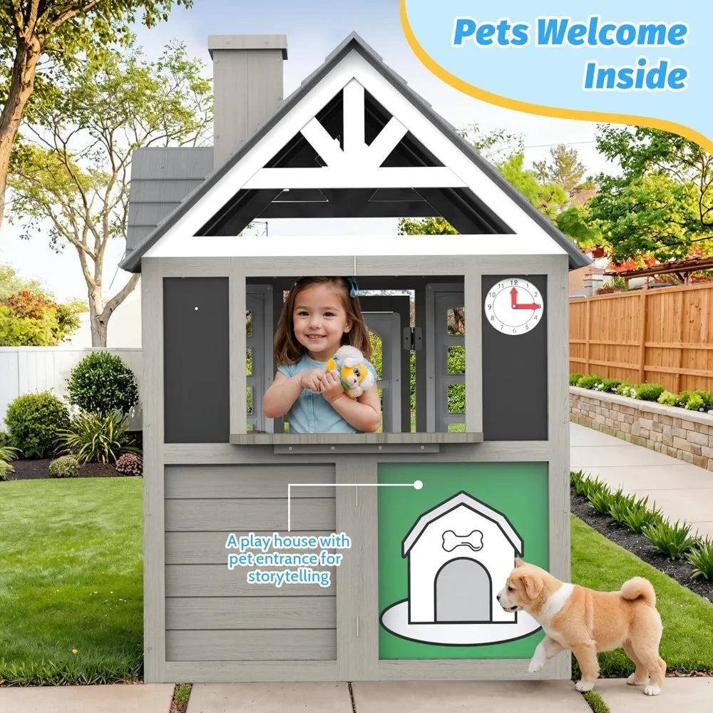 Kids Outdoor Playhouse,Cedar Gray Wooden Play House for Kids Ages 3-8, with Play Kitchen, Interactive Doorbell, Toy Phone, Sink,