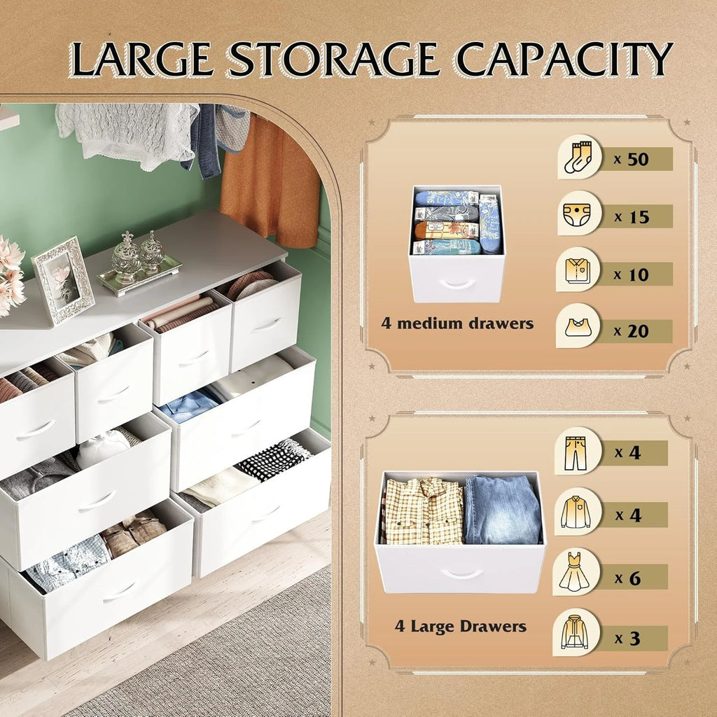 Dresser for Bedroom with 8 Drawers, Wide Fabric Dresser for Storage and Organization, Bedroom Dressers, Chest of Drawers, White