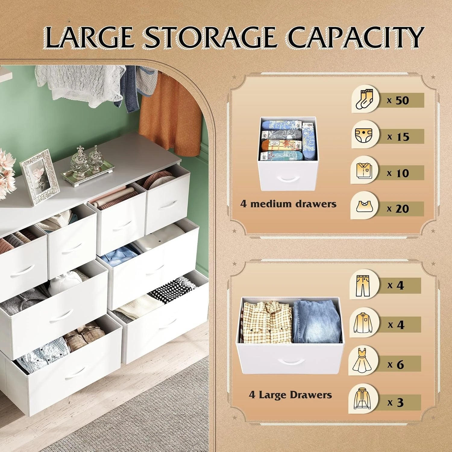 Dresser for Bedroom with 8 Drawers, Wide Fabric Dresser for Storage and Organization, Bedroom Dressers, Chest of Drawers, White