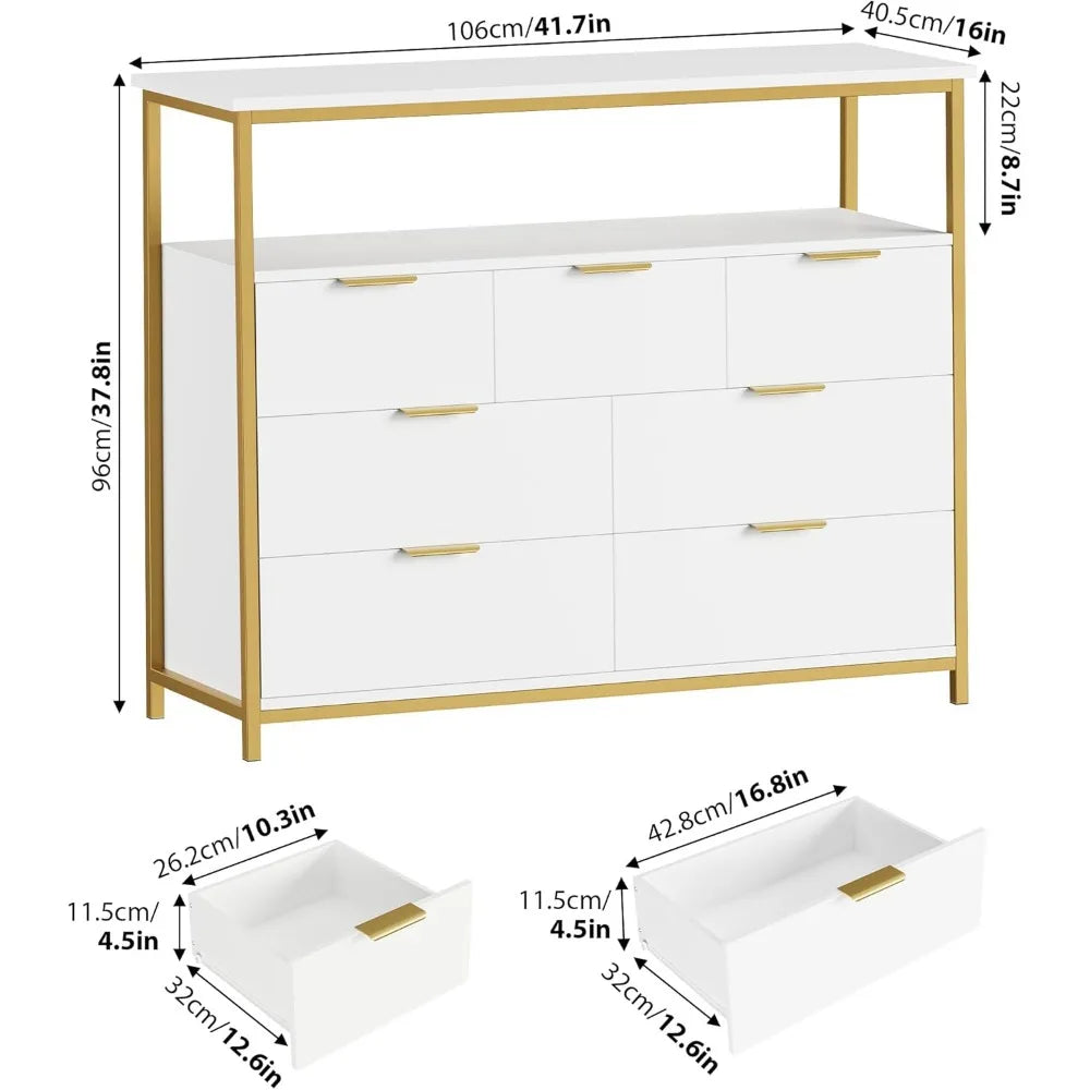 Modern 7 Drawer Dresser, White Dresser with Metal Handles, White and Gold Dresser, Tall Dresser Chest of Drawers, Large Capacity
