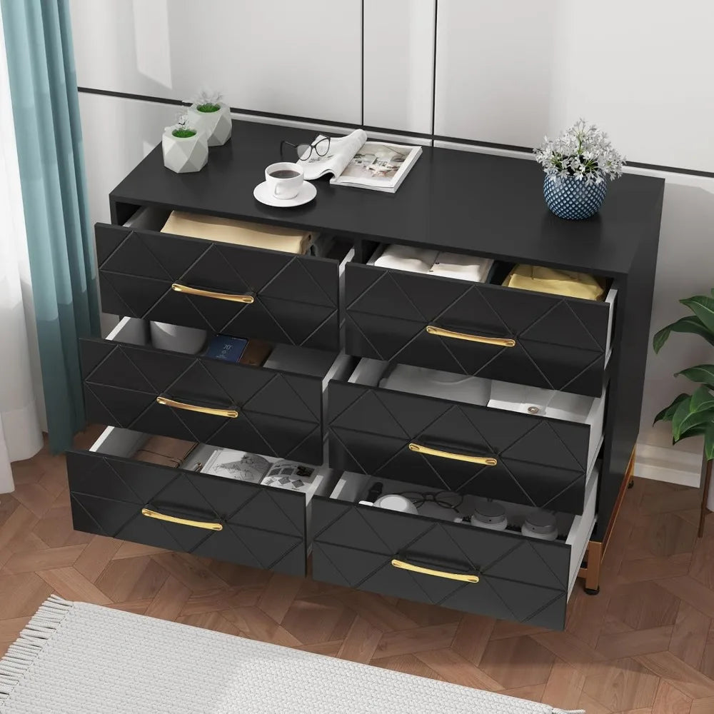 Jojoka 6 Drawer Dresser, Black Wood Dresser for Closet, TV Stand, Morden Chest of Drawers for Bedroom, Living Room, Hallway, Nur