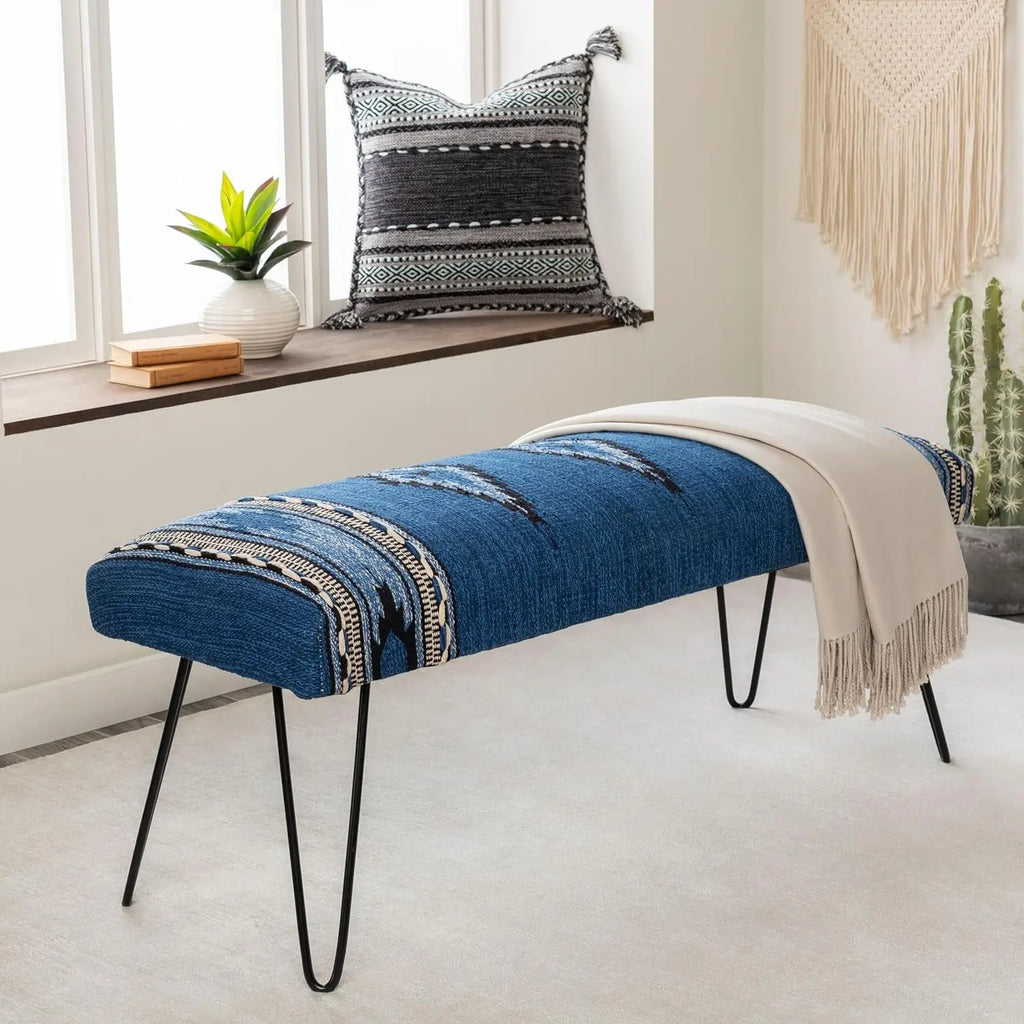 Mark&Day Bedroom Bench, Gran Dark Green Upholstered End of Bed Ottoman Benches, Rustic Boho Entryway Footrest Stool Seat, Handma