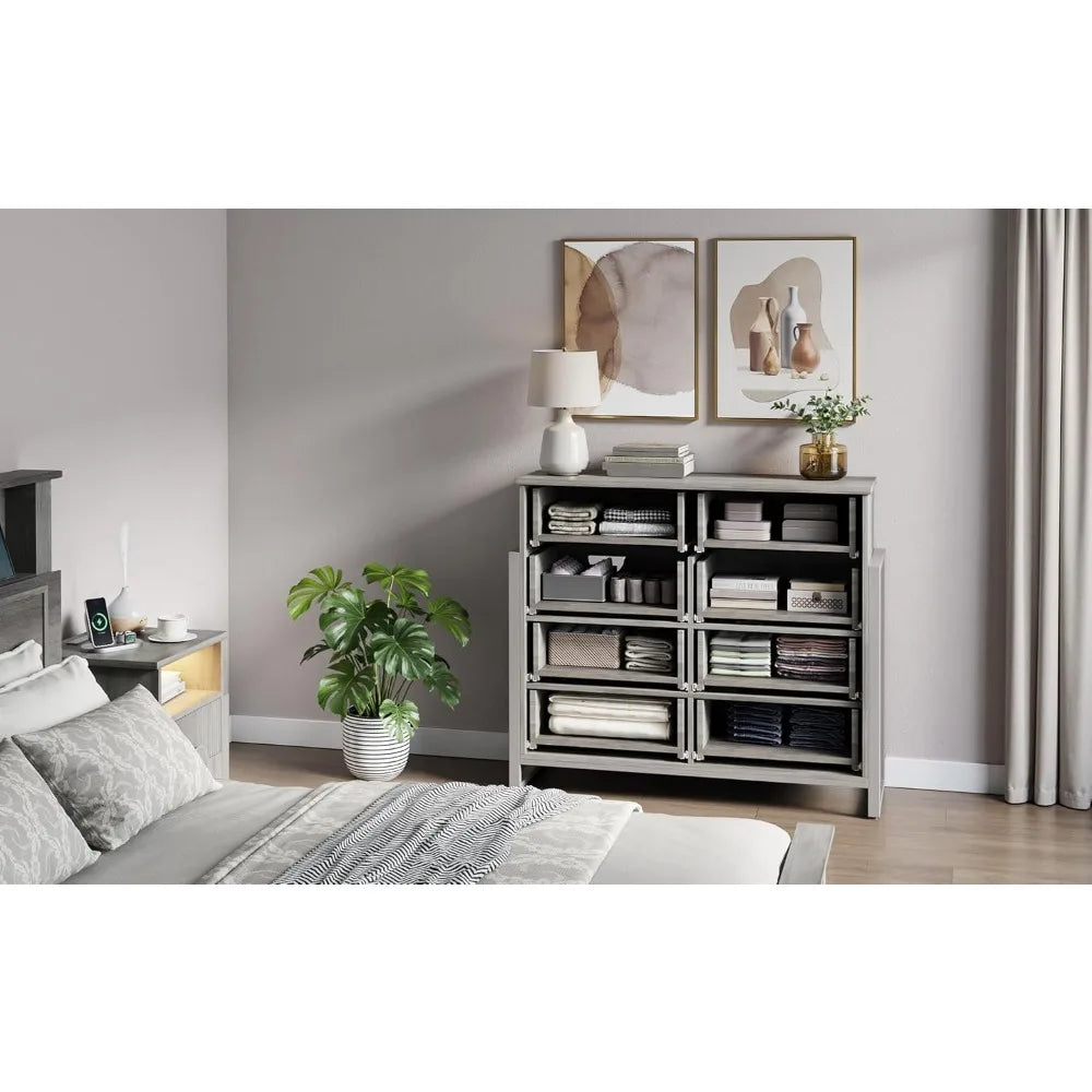 LGHM Fluted Gray Dresser for Bedroom, Modern 50 Wide Chest of Drawers, 8 Deep Drawers 42.8 Tall Dresser with Raised H Legs -Curv