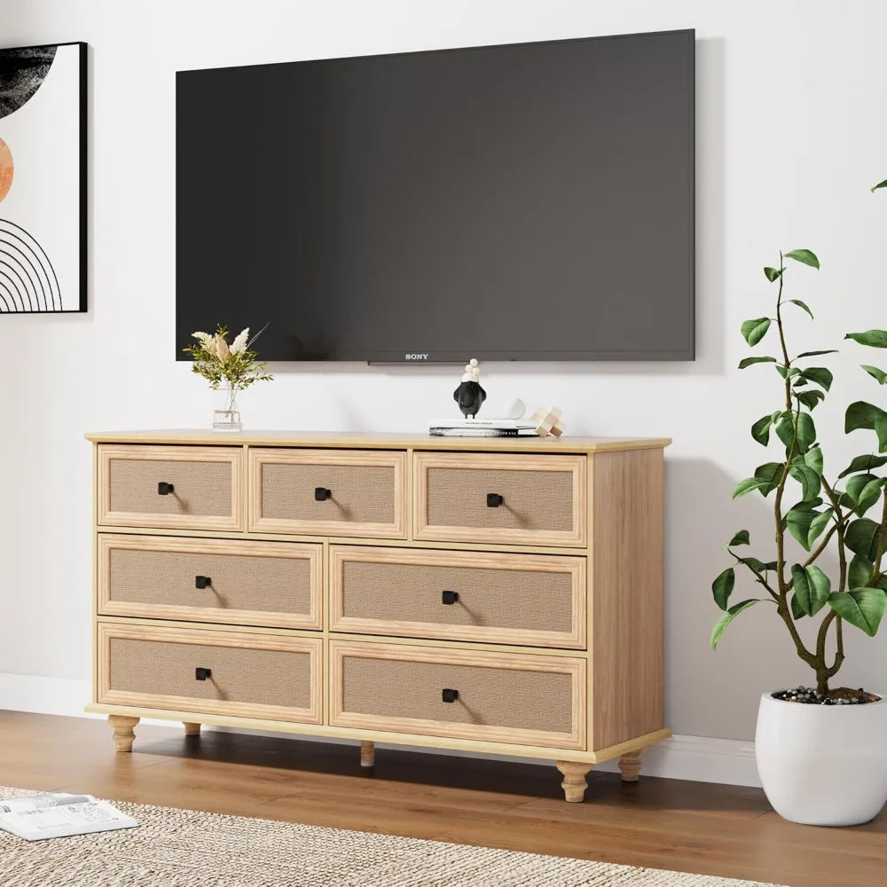 7 Drawer Dresser for Bedroom, Mid Century Modern Wide Wood Rustic Chest of Drawers Wooden Storage Organizer Dressers